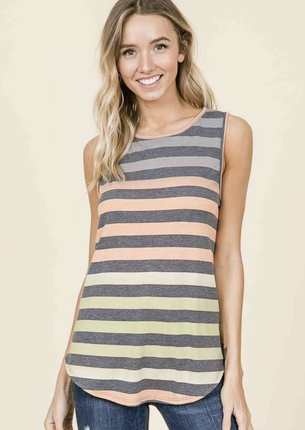 Made in USA Ladies Sleeveless Casual Top, Striped Detail, Round Neckline, Longer Length, Rounded Hem in Auburn Sunset Hues | Classy Cozy Cool Made in America Boutique