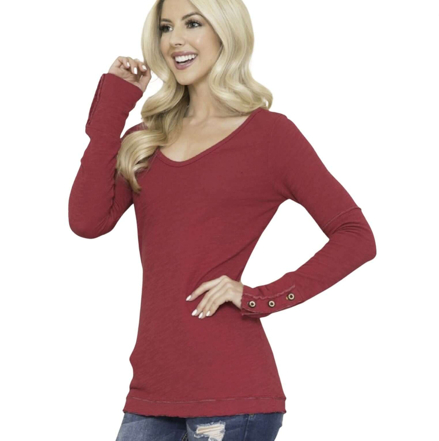 USA Made Women's Fitted Double Layer Cotton Raw Edge Long Sleeve Top With Wooden Button Cuffs in Red | Classy Cozy Cool Women's Made in America Clothing Boutique