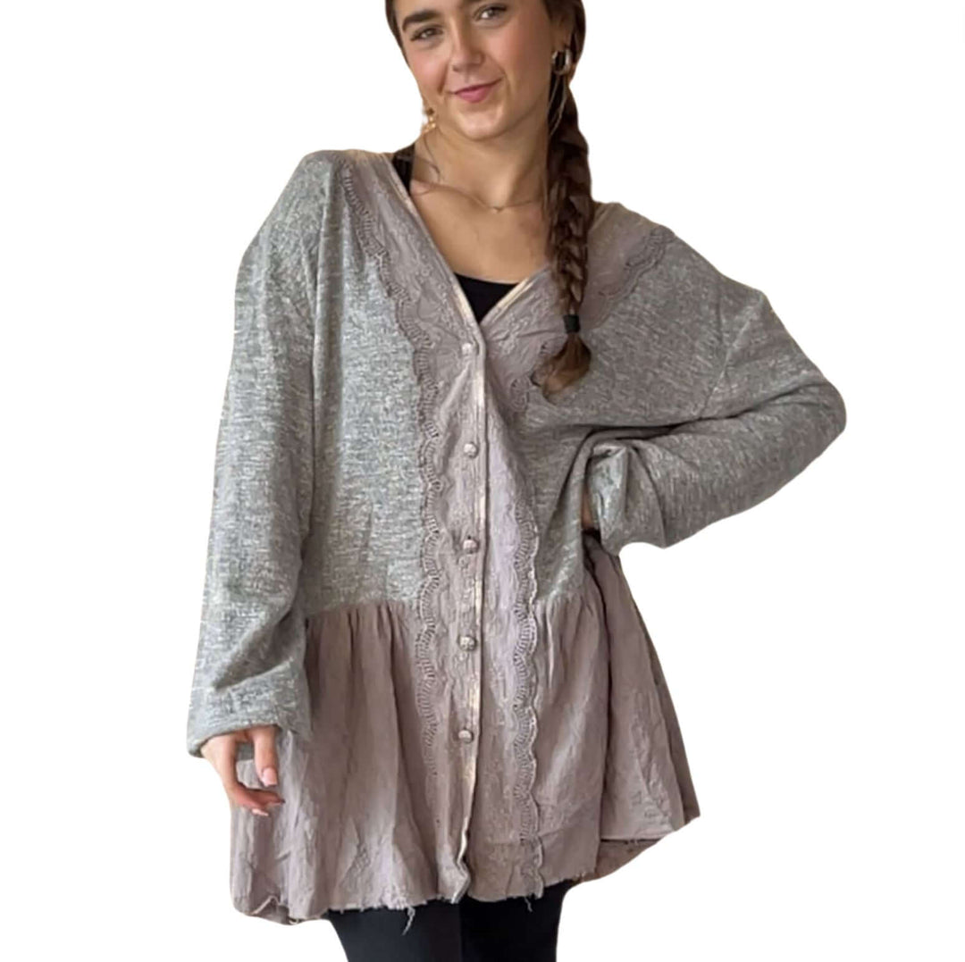 Jaded Gypsy Star Destination Button Down Lace Detail Sweater Cardigan in 2-Tone Grey | Bohemian Sweater Cardigan Made In USA