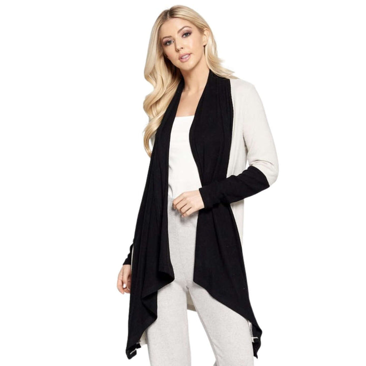 USA Made Ladies Color Block Draped Open Front Cardigan in Black & Ivory | Renee C Style# 4152JK | Made in USA | Classy Cozy Cool Women's Made in America Clothing Boutique