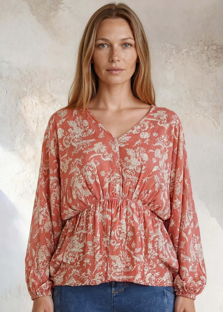 Rose Floral Print Peasant Blouse | V-Neck Long Sleeve | Made in USA, Soft &amp; flowy rose floral peasant blouse with V-neck, long sleeves &amp; elastic waist. 100% rayon, relaxed blousy fit. Made in USA. Sizes S-L.