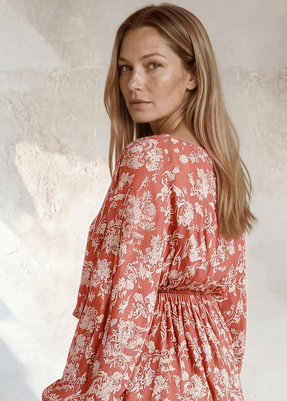 Rose Floral Print Peasant Blouse | V-Neck Long Sleeve | Made in USA, Soft & flowy rose floral peasant blouse with V-neck, long sleeves & elastic waist. 100% rayon, relaxed blousy fit. Made in USA. Sizes S-L.