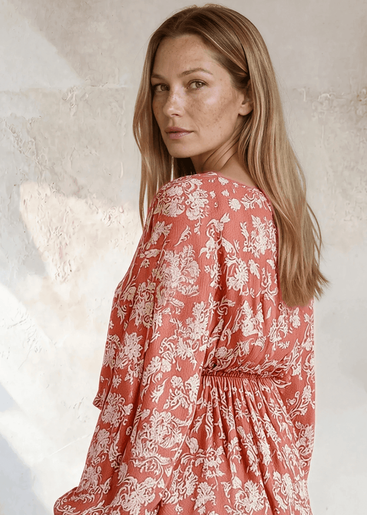 Rose Floral Print Peasant Blouse | V-Neck Long Sleeve | Made in USA, Soft &amp; flowy rose floral peasant blouse with V-neck, long sleeves &amp; elastic waist. 100% rayon, relaxed blousy fit. Made in USA. Sizes S-L.