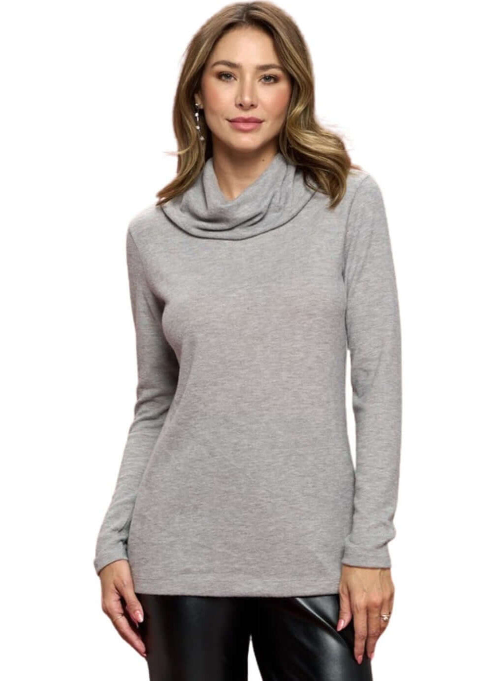 Made in USA Ladies' Super Soft Long Sleeve Cowl Turtle Neck Cashmere Feel Sweater Top in Heather Grey | Renee C Style# 4134TP