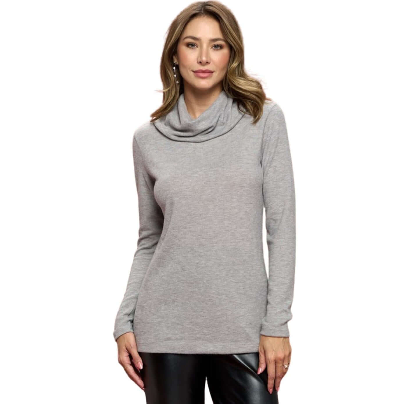 Made in USA Ladies' Super Soft Long Sleeve Cowl Turtle Neck Cashmere Feel Sweater Top in Heather Grey | Renee C Style# 4134TP