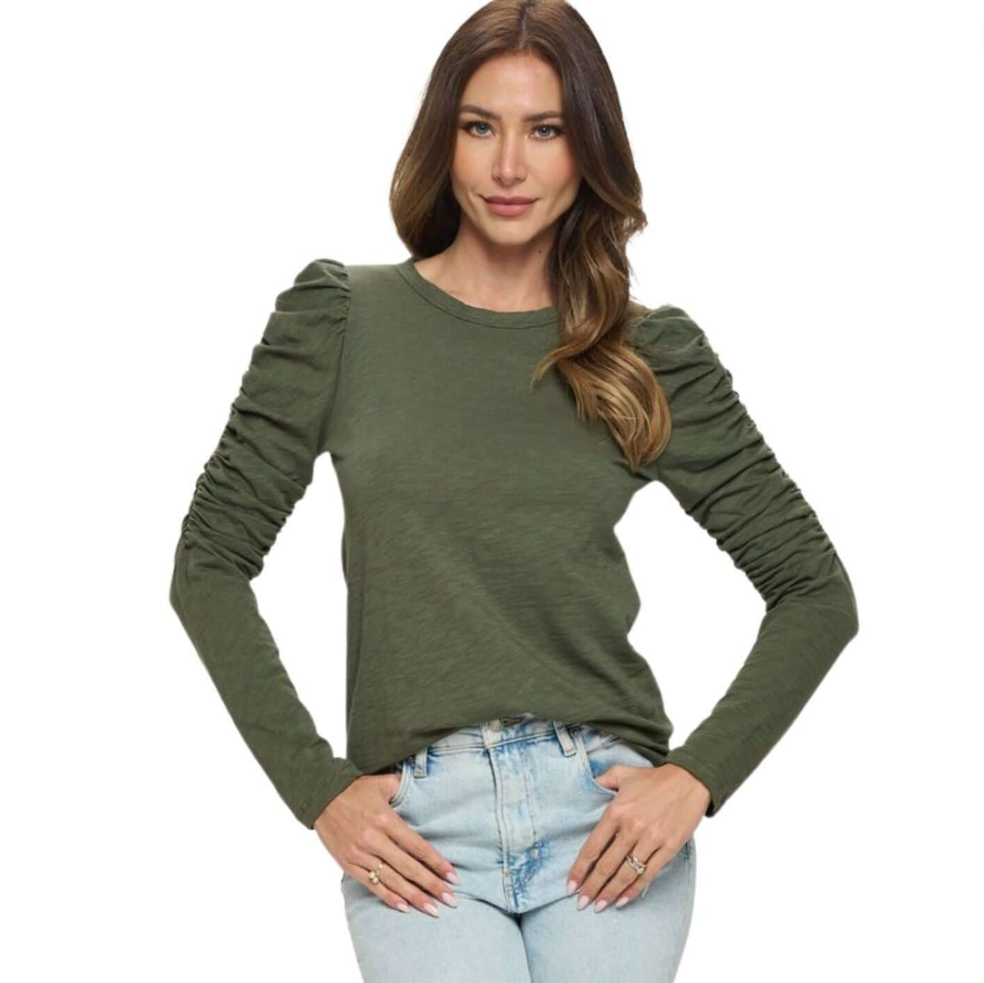 Ladies USA Made Cotton Solid Long Puff Sleeve Fitted Top in Olive | Renee C Style# 4355TP | Classy Cozy Cool Women's Made in America Clothing Boutique