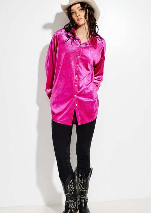 USA Made Women's Shiny Soft Oversized Velvet Button Down Shirt Jacket in Fuchsia | Classy Cozy Cool Women's Made in America Boutique