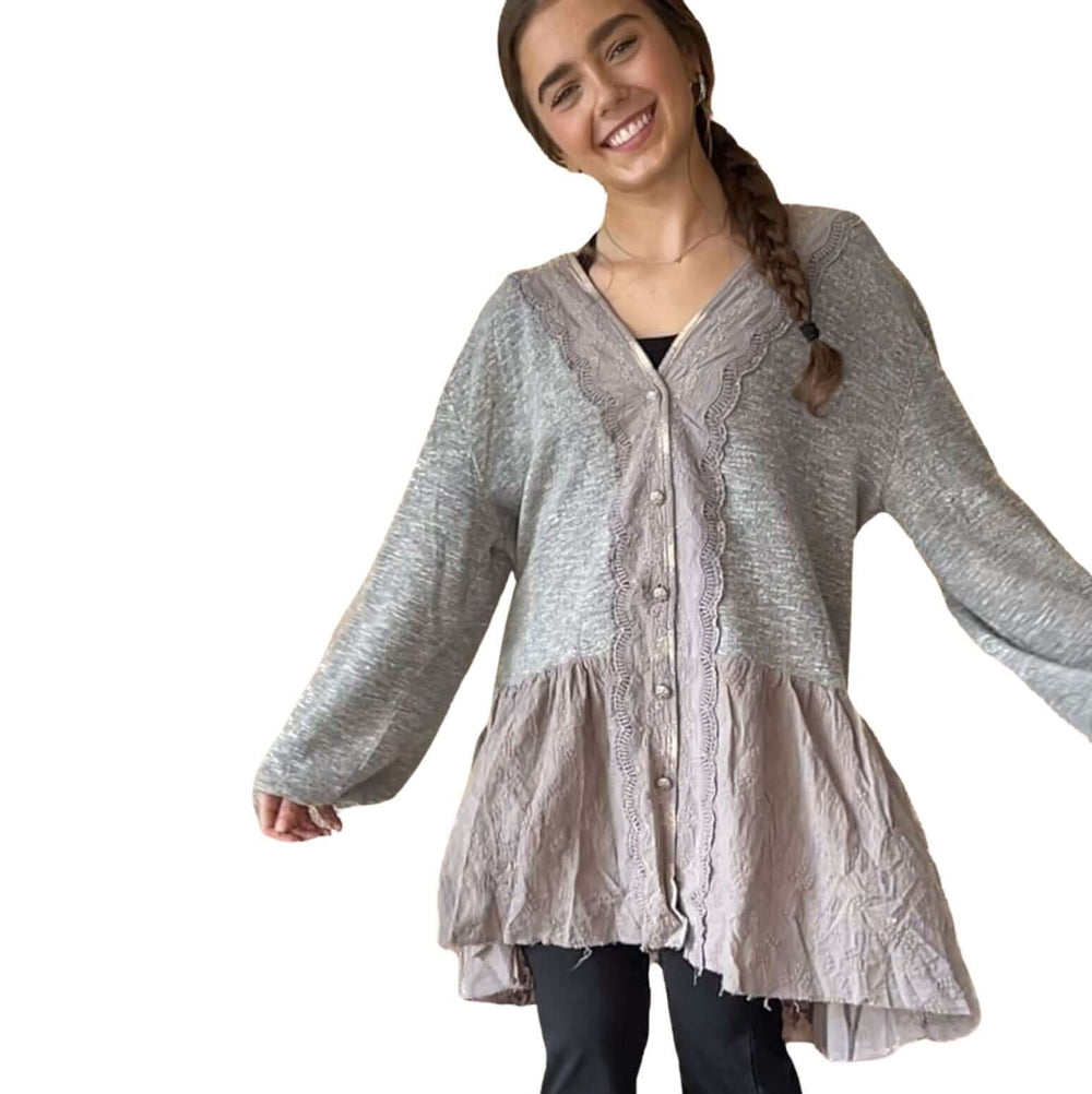 Jaded Gypsy Star Destination Button Down Lace Detail Sweater Cardigan in 2-Tone Grey | Bohemian Sweater Cardigan Made In USA