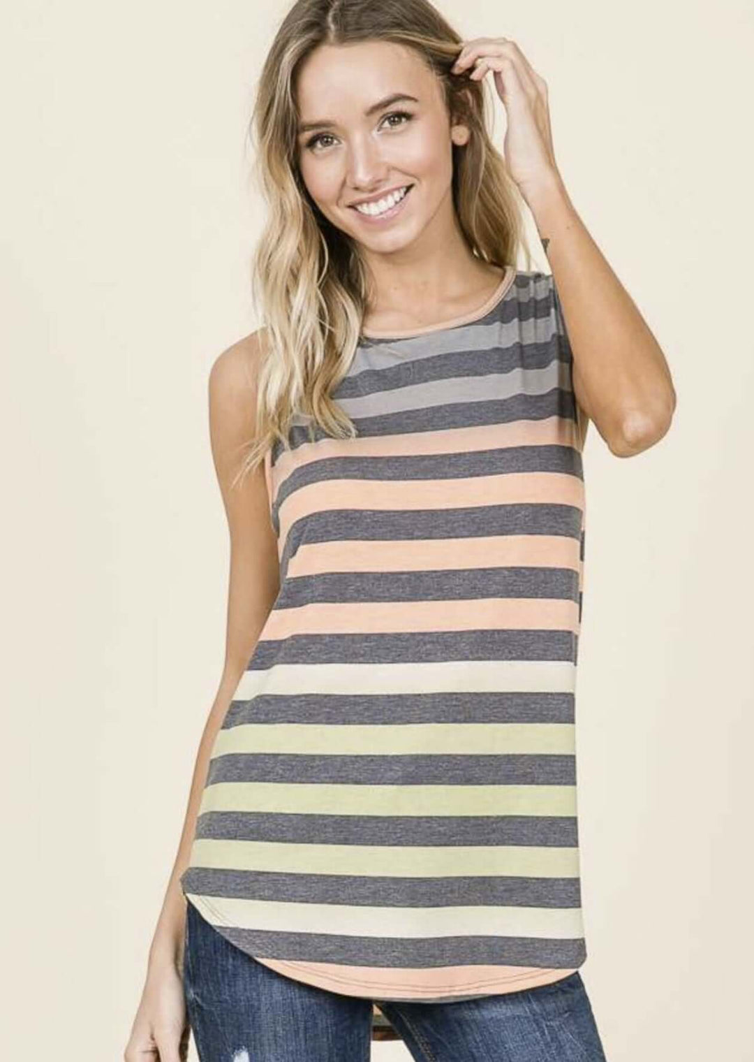 Made in USA Ladies Sleeveless Casual Top, Striped Detail, Round Neckline, Longer Length, Rounded Hem in Auburn Sunset Hues | Classy Cozy Cool Made in America Boutique