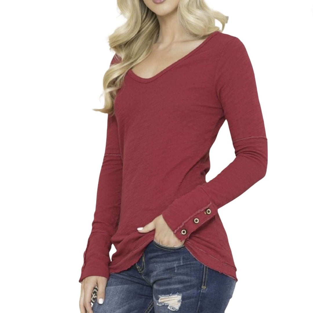 USA Made Women's Fitted Double Layer Cotton Raw Edge Long Sleeve Top With Wooden Button Cuffs in Red | Classy Cozy Cool Women's Made in America Clothing Boutique