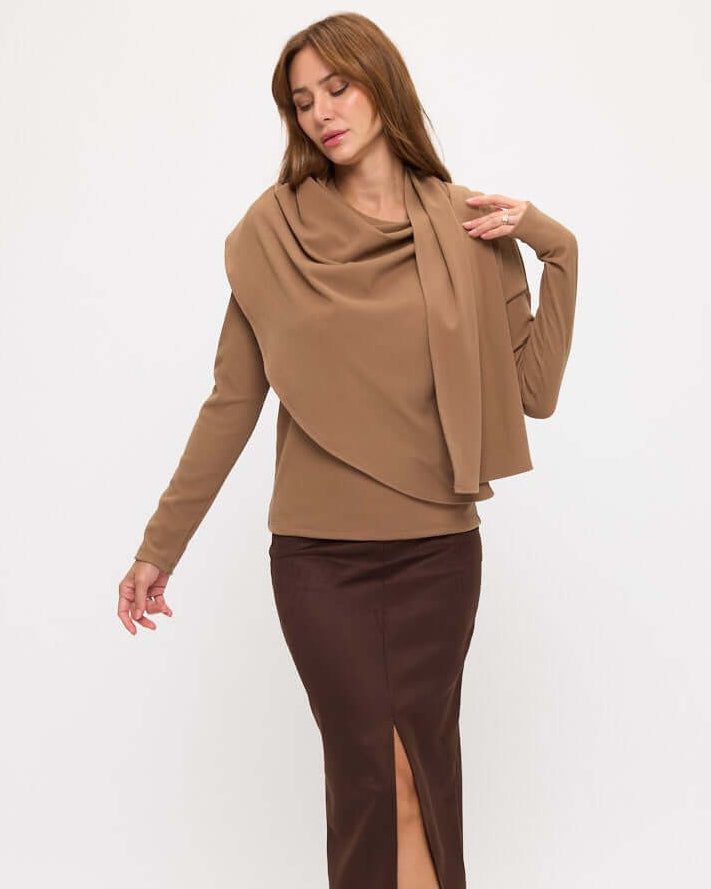 Made in USA. Donna camel draped shawl top in a soft, thick rayon-spandex knit with long sleeves and a flattering semi-fitted silhouette. Renee C. Style 5345TP