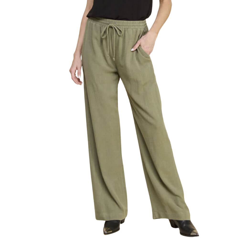USA Made Linen Blend Bootcut Pants with Relaxed Fit with Drawstring & Elastic Waist in Olive Green | Brand: If She Loves Style# ISP1235L | Made in America Boutique
