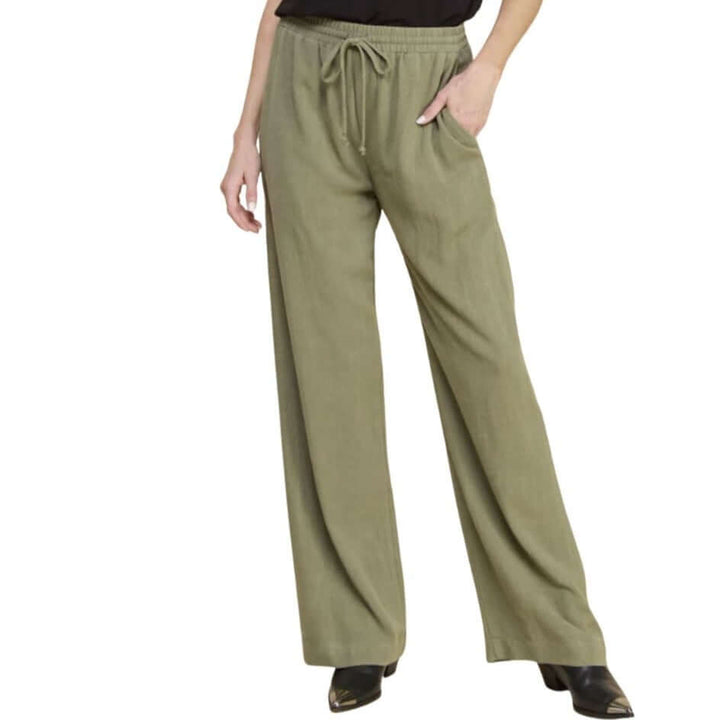USA Made Linen Blend Bootcut Pants with Pockets - Relaxed Fit Drawstring & Elastic Waist in Olive Green | Classy Cozy Cool Women's American Boutique