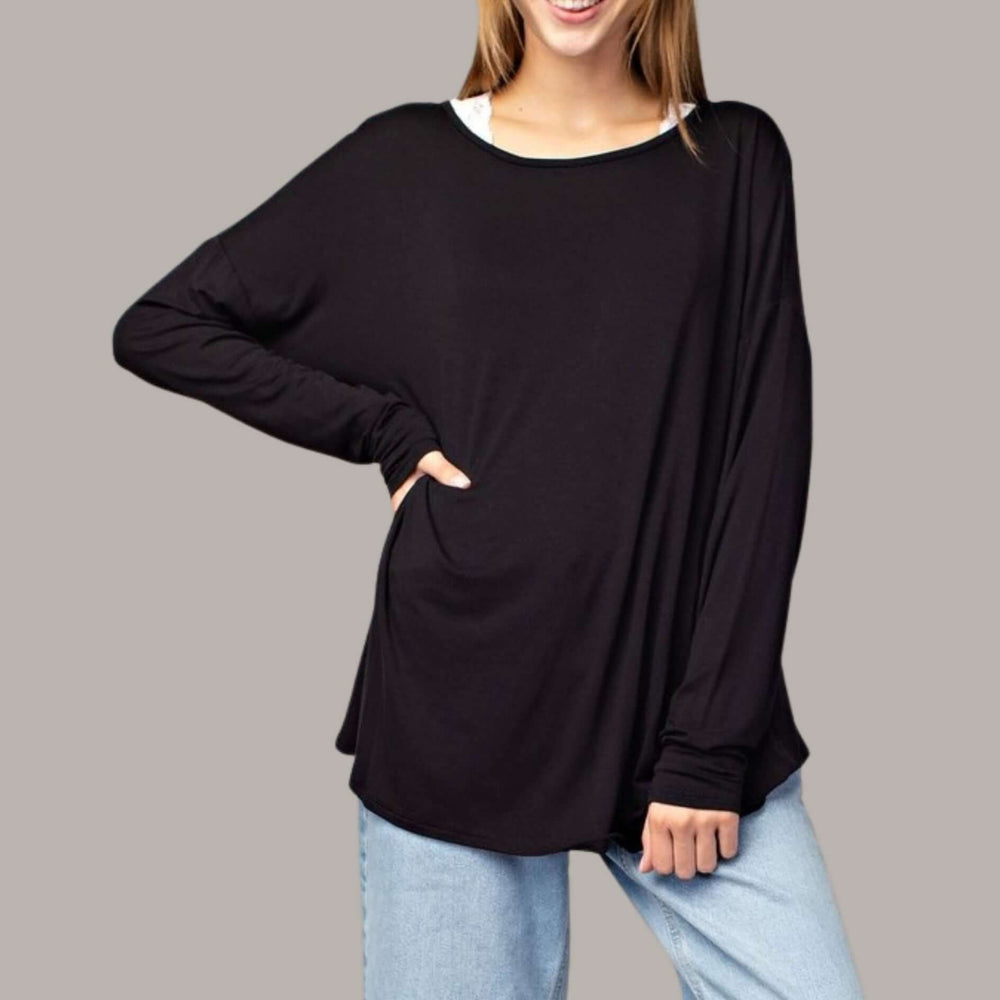 Made in USA Women's Natural Bamboo Oversized Long Sleeve Black Back Drop Top | Classy Cozy Cool Made in America Boutique
