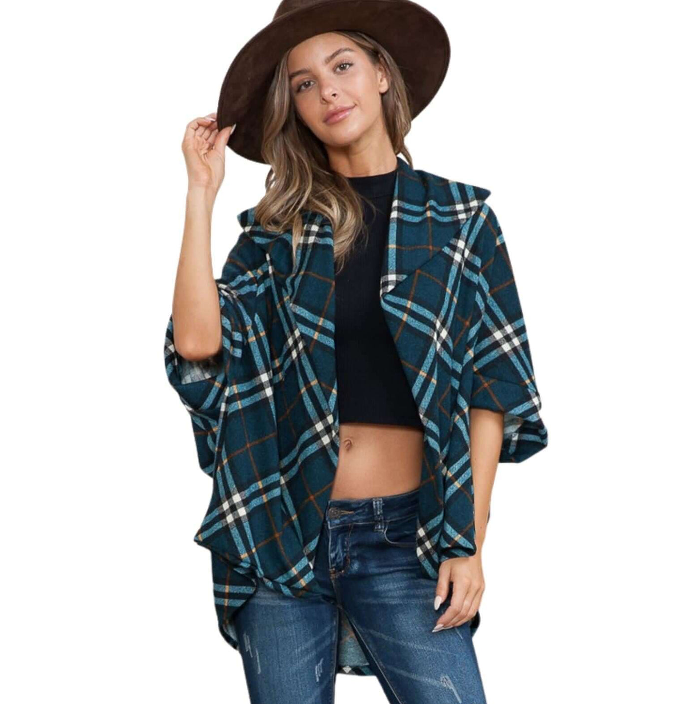 Ladies Plaid Design High Low Dolman Sleeve Cardigan Shawl Top in Dark Teal & Light Teal | Style OFT1378 Orange Farm Clothing | Made in USA | Classy Cozy Cool Women's American Boutique