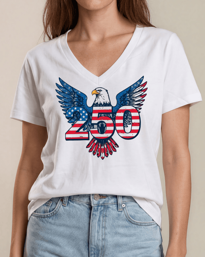 Bold bald eagle 250th anniversary graphic V-neck tee. Red, white &amp; blue stars &amp; stripes design. 100% cotton, made in USA. Perfect for 4th of July.