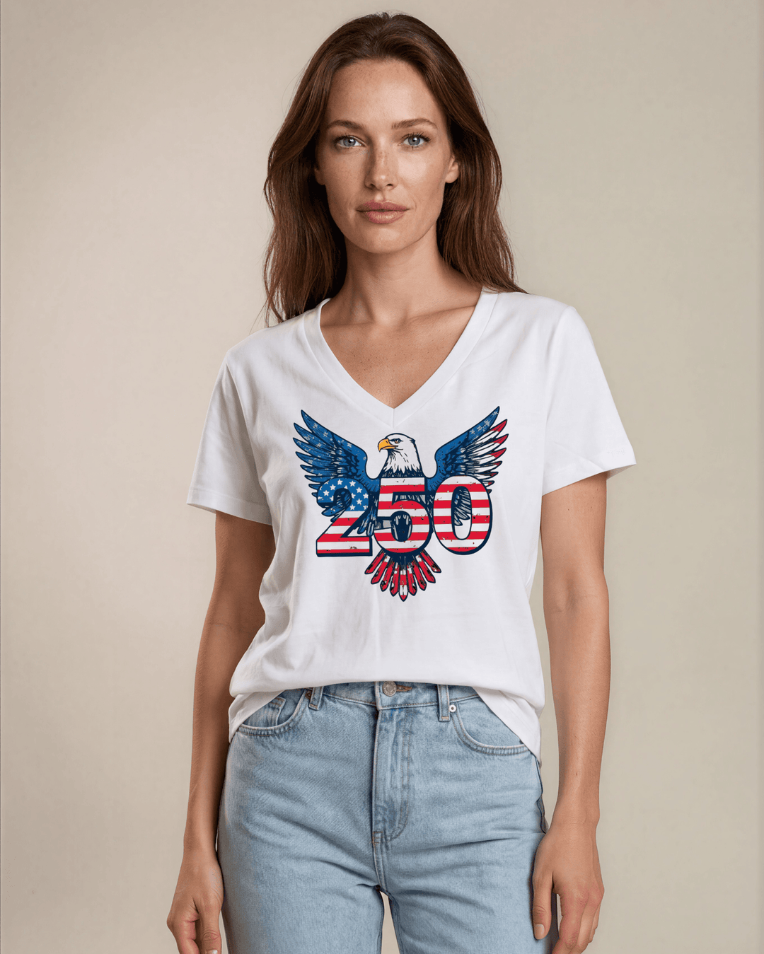 Bold bald eagle 250th anniversary graphic V-neck tee. Red, white &amp; blue stars &amp; stripes design. 100% cotton, made in USA. Perfect for 4th of July.