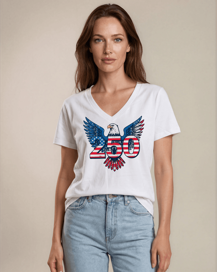 Bold bald eagle 250th anniversary graphic V-neck tee. Red, white &amp; blue stars &amp; stripes design. 100% cotton, made in USA. Perfect for 4th of July.