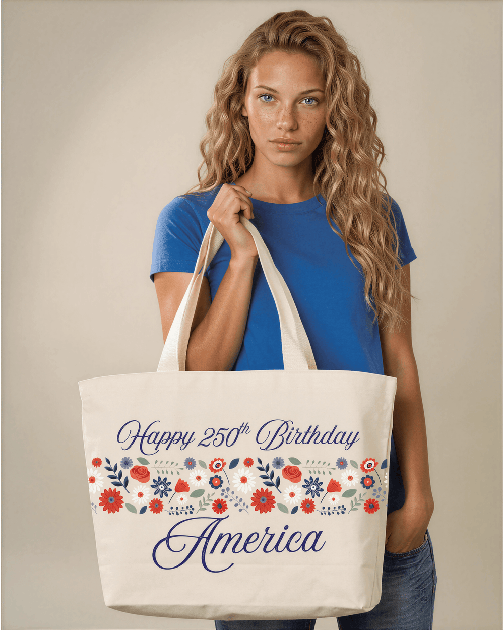 Celebrate America's 250th with our commemorative patriotic floral canvas tote. 12 oz. 100% USA cotton, 20"x14.5", custom print options. Made in USA.