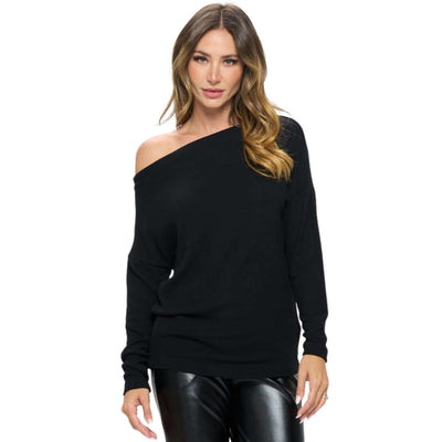 Women's Made in USA Relaxed Fit Super Soft Long Sleeve Cashmere Sweater Top in Black - Can be worn Off Shoulder or as Boat Neck | Renee C Style# 4097TP | Classy Cozy Cool Made in America Boutique