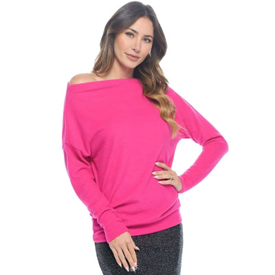 Women's Made in USA Relaxed Fit Super Soft Long Sleeve Cashmere Sweater Top in Fuchsia - Can be worn Off Shoulder or as Boat Neck | Renee C Style# 4097TP | Classy Cozy Cool Made in America Boutique