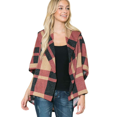 Ladies Plaid Design High Low Dolman Sleeve Cardigan Shawl Top in Brick Red, Tan & Black | Made in USA | Classy Cozy Cool Women's American Boutique