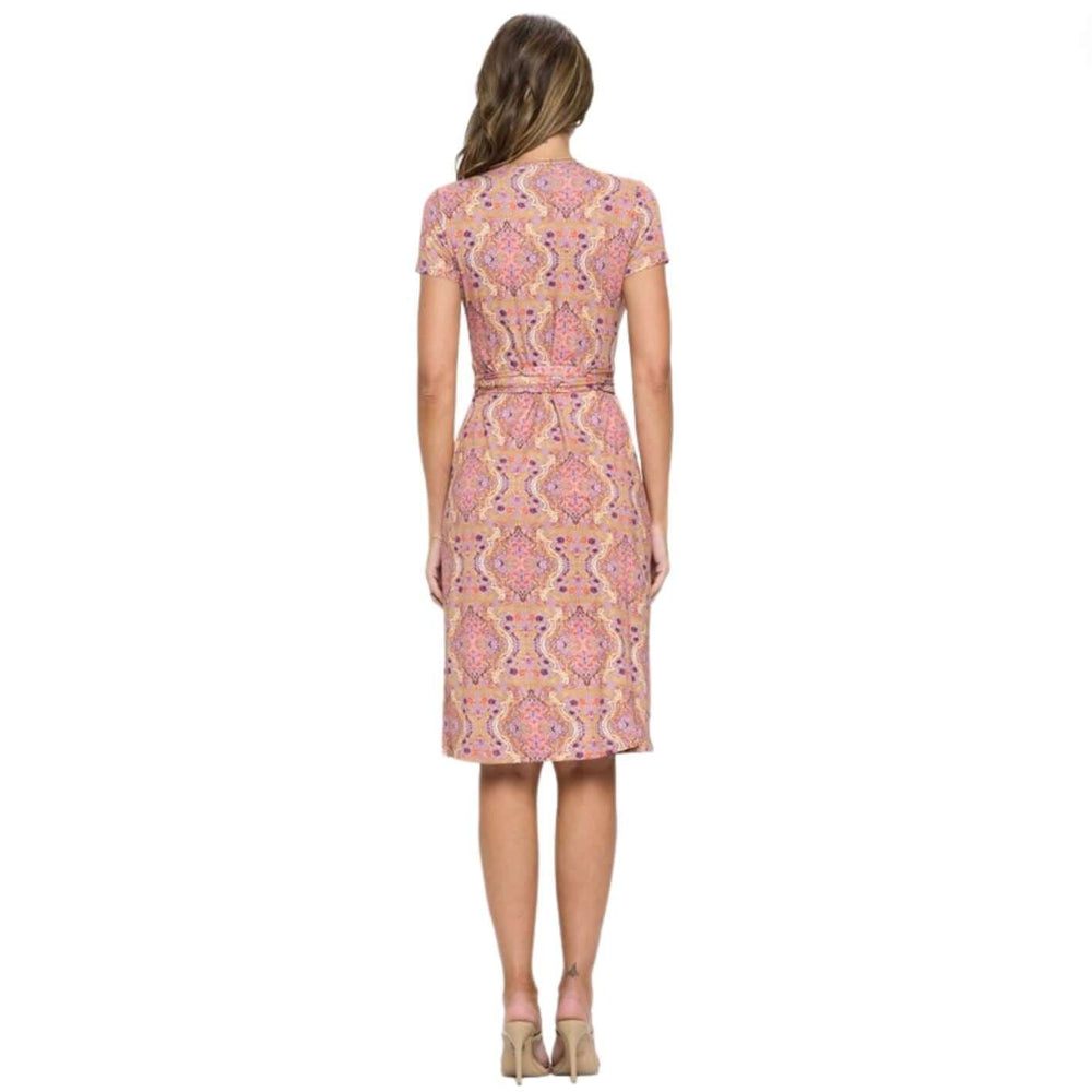 Beautiful Ladies Pink Lavender & Coral Floral Print Midi Wrap Dress Renee C. Style #4329DRJ | Proudly Made in USA | Classy Cozy Cool Clothing Boutique