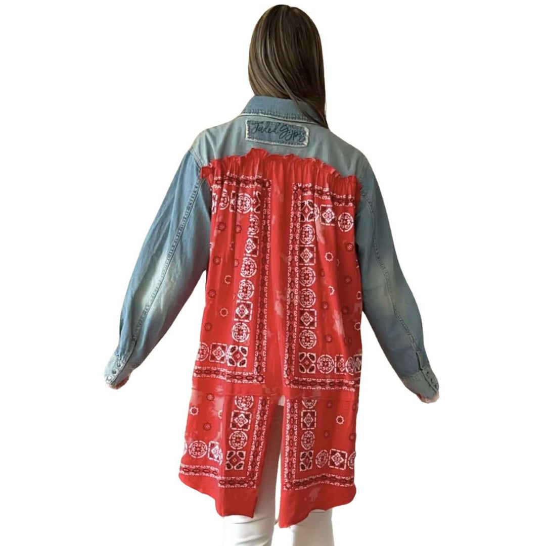 Jaded Gypsy Cowtown Denim Snap Down Boho Design Denim Shirt Jacket with Red Handkerchief Back Panel in Medium Distressed Denim | Made In USA