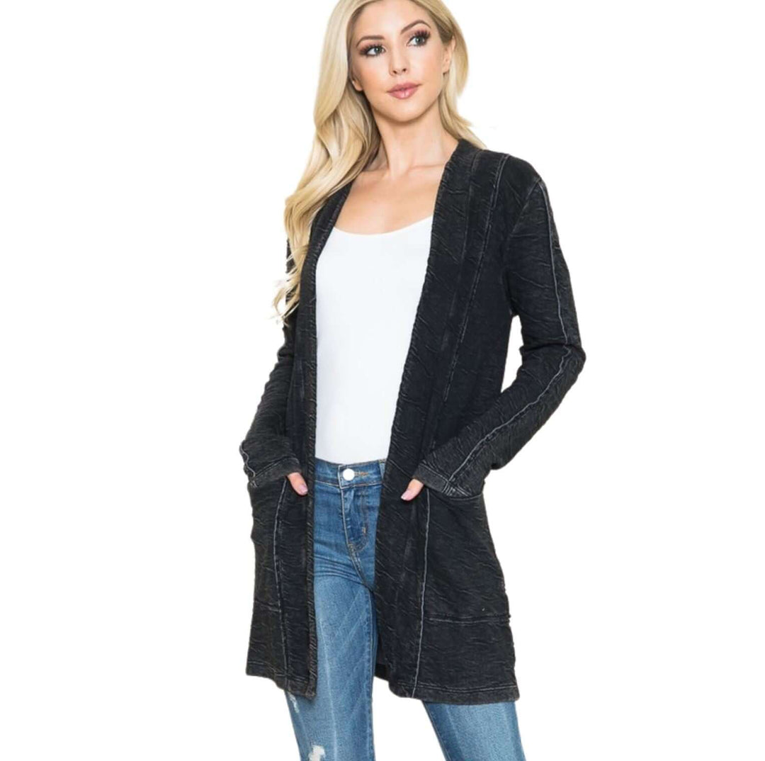 USA Made Women's Garment Dyed Vintage Washed Open Front Textured Cardigan in Black | American Able Style# 418108 | Classy Cozy Cool Made in America Clothing Boutique