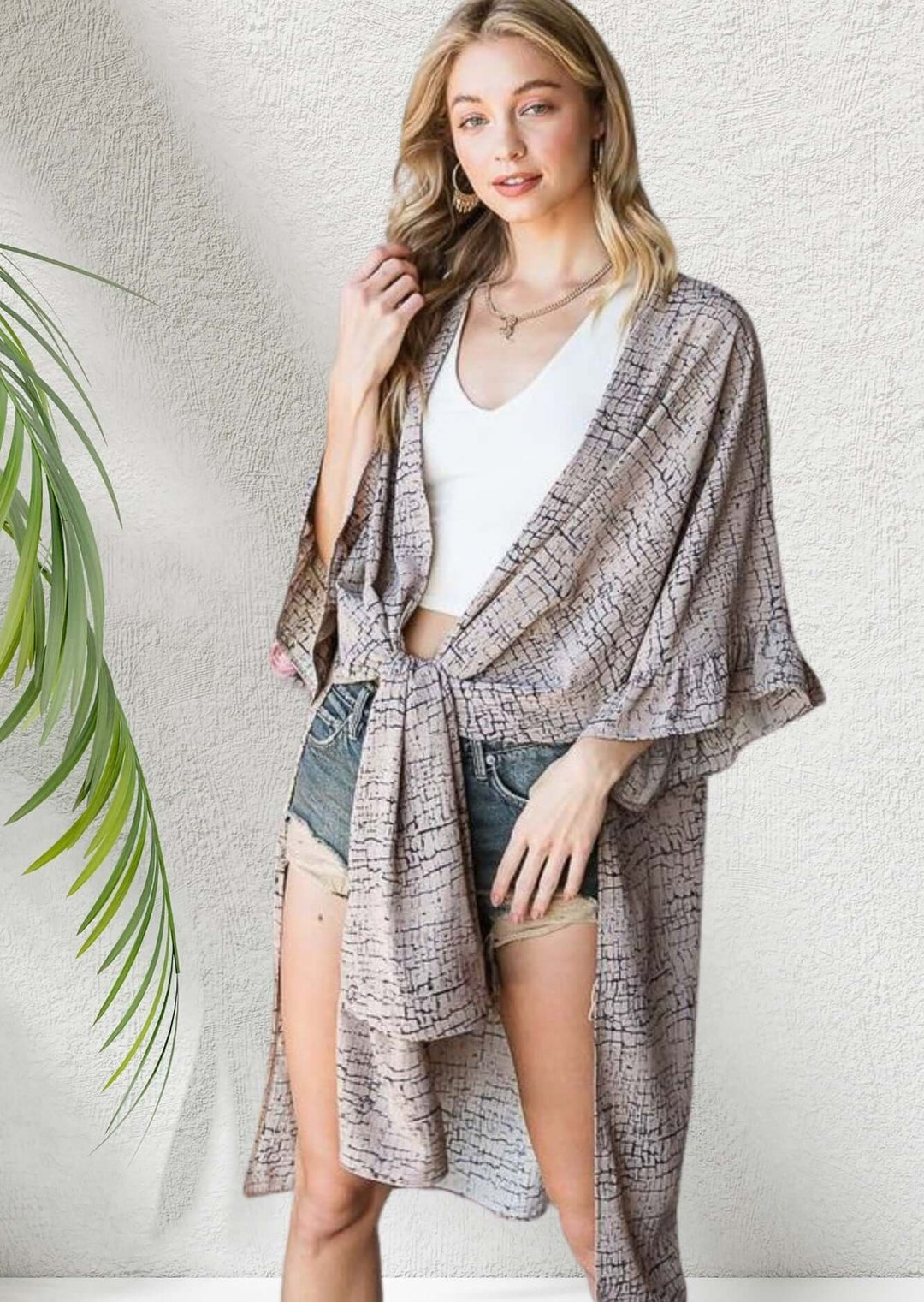 Made in USA Women's Taupe & Navy Versatile Kimono Cardigan with Ruffled Sleeves and Optional Tie Front | Classy Cozy Cool Women's Made in America Boutique