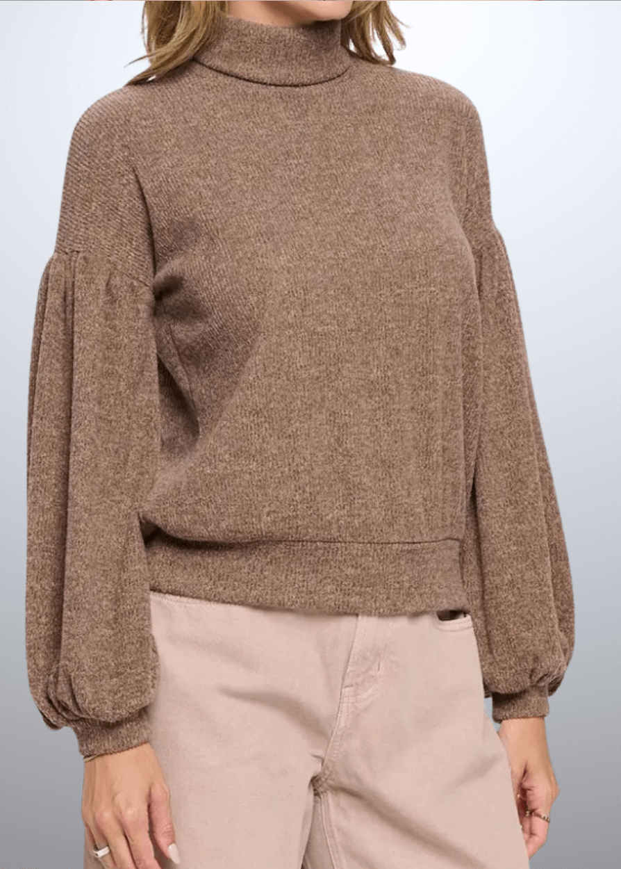 Made in USA Renee C Style 2741TP Women's Rib Knit Turtleneck Sweater Top with Balloon Cuffed Sleeve. Available in Black or Mocha, 94% Rayon, 6% Spandex