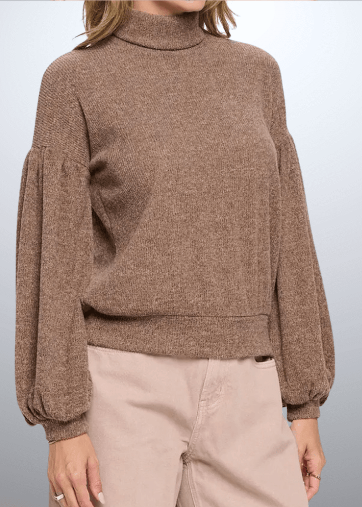 Made in USA Renee C Style 2741TP Women's Rib Knit Turtleneck Sweater Top with Balloon Cuffed Sleeve. Available in Black or Mocha, 94% Rayon, 6% Spandex