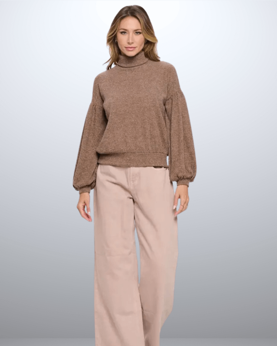 Made in USA Renee C Style 2741TP Women's Rib Knit Turtleneck Sweater Top with Balloon Cuffed Sleeve. Available in Black or Mocha, 94% Rayon, 6% Spandex
