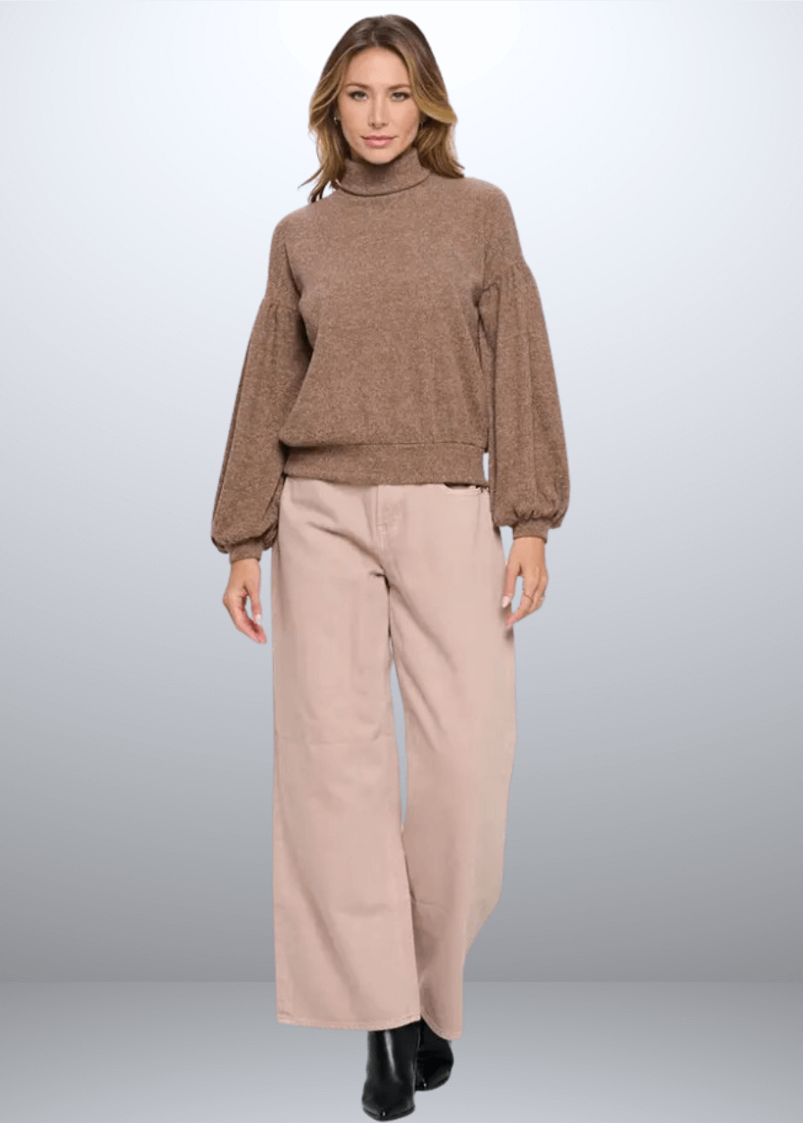 Made in USA Renee C Style 2741TP Women's Rib Knit Turtleneck Sweater Top with Balloon Cuffed Sleeve. Available in Black or Mocha, 94% Rayon, 6% Spandex