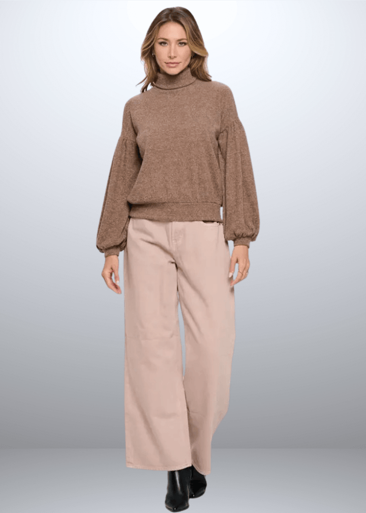 Made in USA Renee C Style 2741TP Women's Rib Knit Turtleneck Sweater Top with Balloon Cuffed Sleeve. Available in Black or Mocha, 94% Rayon, 6% Spandex