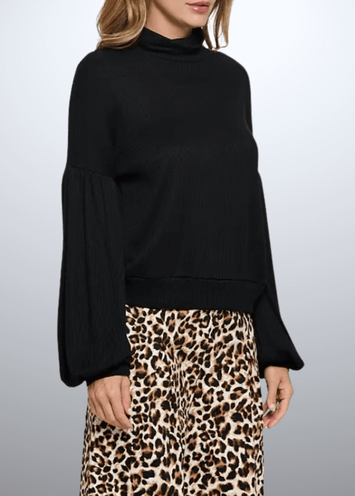 Made in USA Renee C Style 2741TP Women's Rib Knit Turtleneck Sweater Top with Balloon Cuffed Sleeve. Available in Black or Mocha, 94% Rayon, 6% Spandex