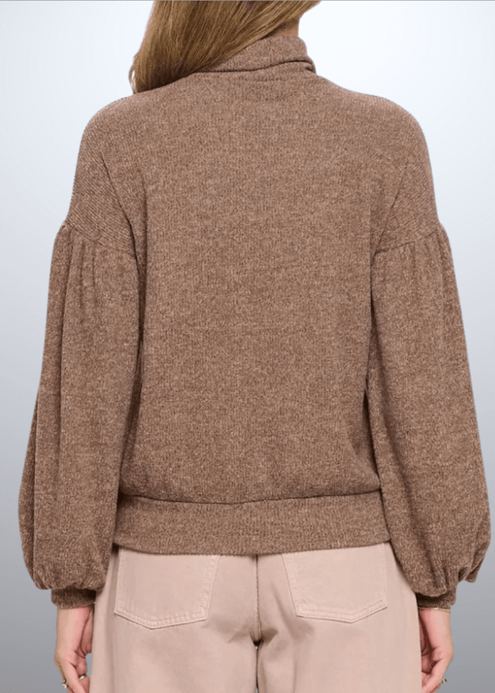 Made in USA Renee C Style 2741TP Women's Rib Knit Turtleneck Sweater Top with Balloon Cuffed Sleeve. Available in Black or Mocha, 94% Rayon, 6% Spandex