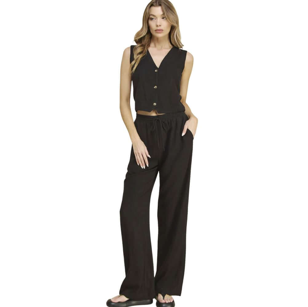 Black USA Made Linen Blend Bootcut Pants with Pockets - Relaxed Fit Drawstring & Elastic Waist Side | Classy Cozy Cool Women's American Boutique