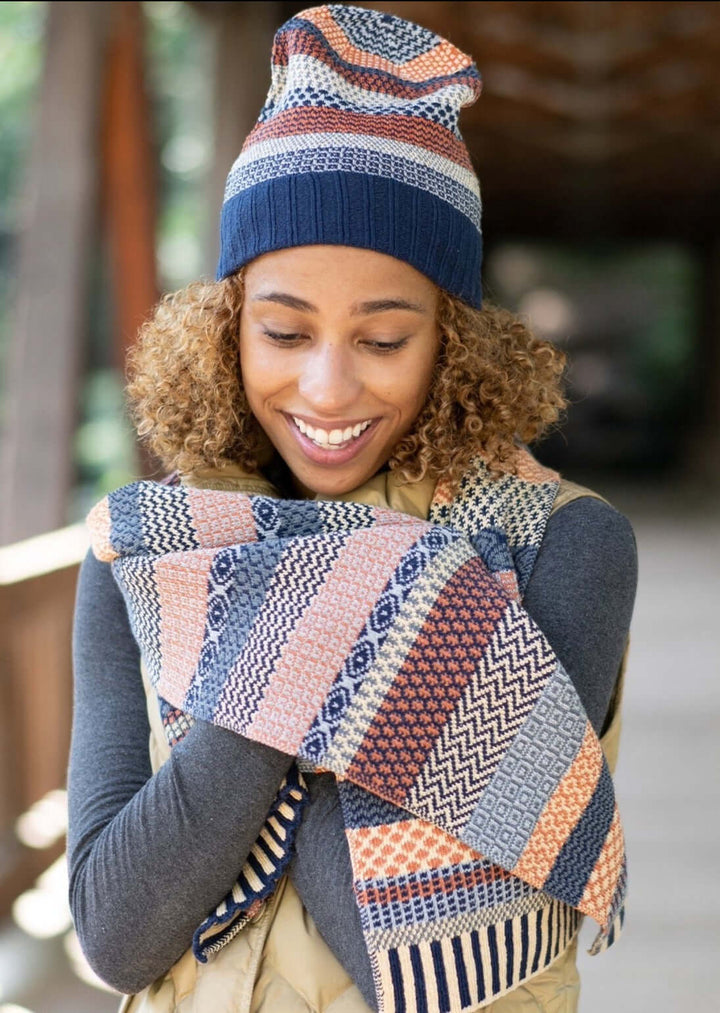 Solmate NUTMEG Knitted Beanie Hat with Colors creamy yellow, rustic orange, navy, blue-gray, periwinkle | Made in USA | Classy Cozy Cool Women's Made in America Clothing Boutique