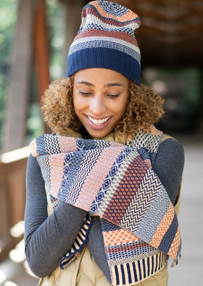Solmate NUTMEG  Knitted Scarf with Colors creamy yellow, rustic orange, navy, blue-gray, periwinkle | Made in USA | Classy Cozy Cool Women's Made in America Clothing Boutique
