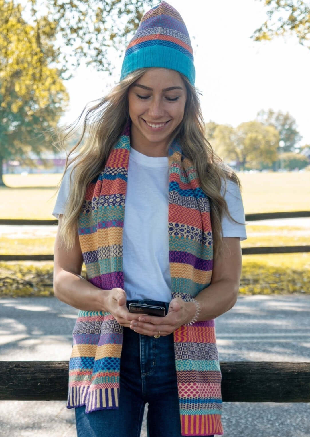 Solmate SUNNY Knitted Scarf with Colors in this Scarf Turquoise, Orange, Yellow, Purple and Blue | Made in USA | Classy Cozy Cool Women's Made in America Clothing Boutique