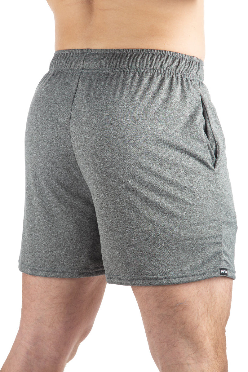 Made in USA. WSI Sportswear Men’s Microtech™ Pocketed Gym Short 5'' Inseam. Lightweight. Moisture Wicking. Drawstring Waist. Gray Shorts.
