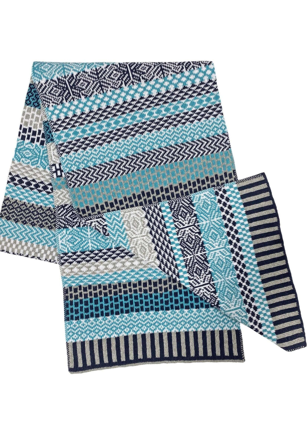 Solmate SNOWFALL  Knitted Scarf with Colors Turquoise, Navy, Gray & White | Made in USA | Classy Cozy Cool Women's Made in America Clothing Boutique