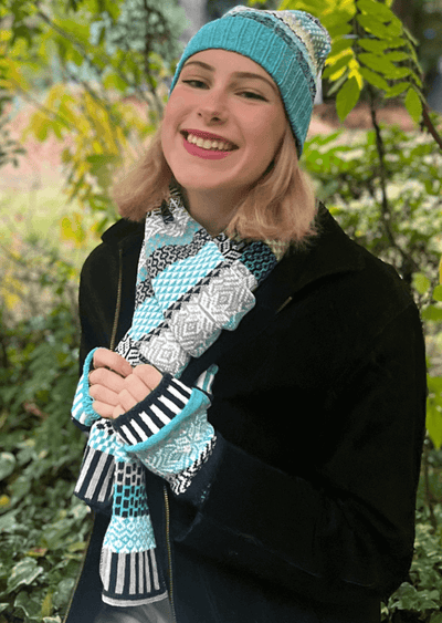Solmate SNOWFALL Knitted Fingerless Mittens with Colors: Turquoise, Navy, Gray & White | Made in USA | Classy Cozy Cool Women's Made in America Clothing Boutique