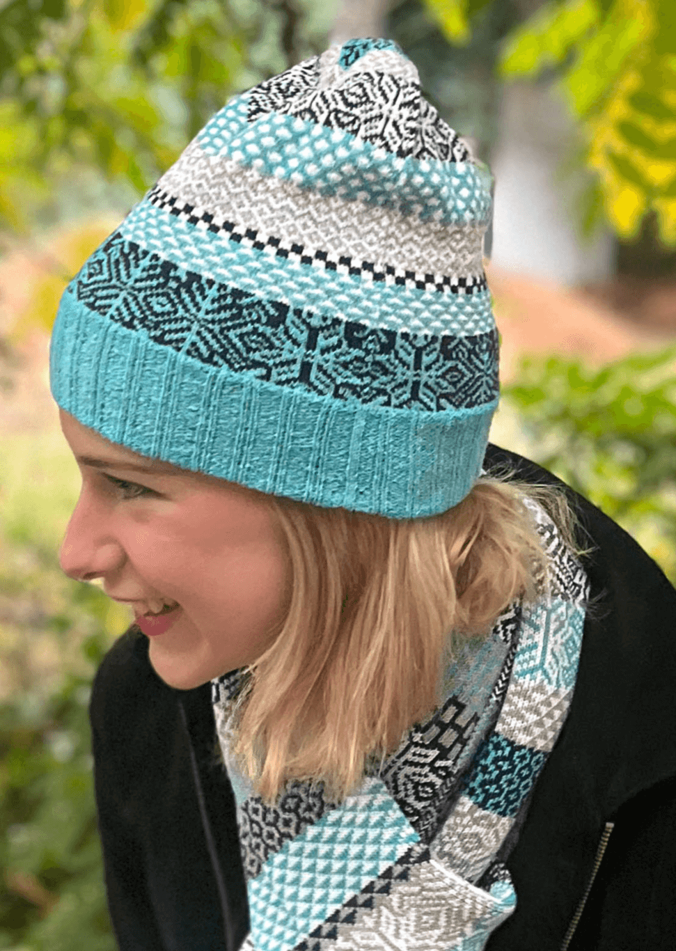Solmate SNOWFALL Knitted Beanie Hat with Colors Turquoise, Navy, Gray & White | Made in USA | Classy Cozy Cool Women's Made in America Clothing Boutique