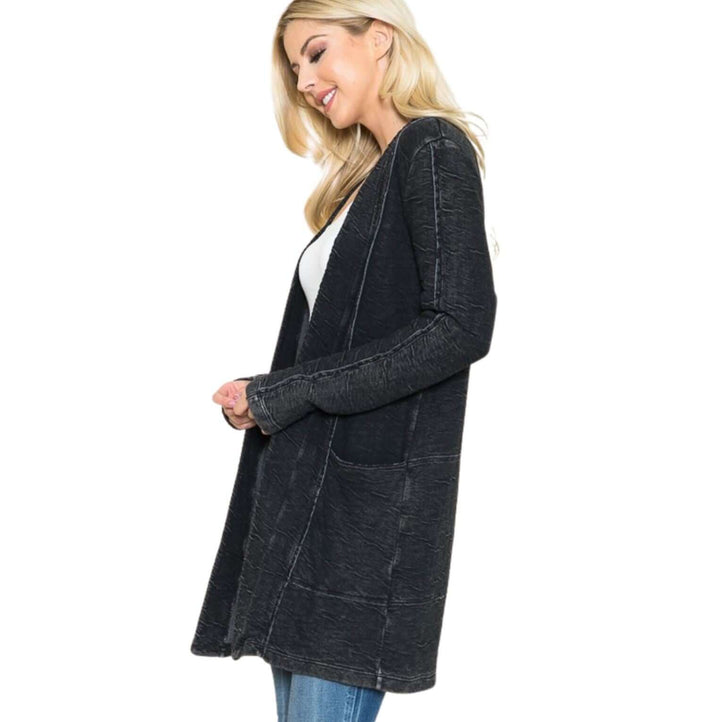 USA Made Women's Garment Dyed Vintage Washed Open Front Textured Cardigan in Black | American Able Style# 418108 | Classy Cozy Cool Made in America Clothing Boutique