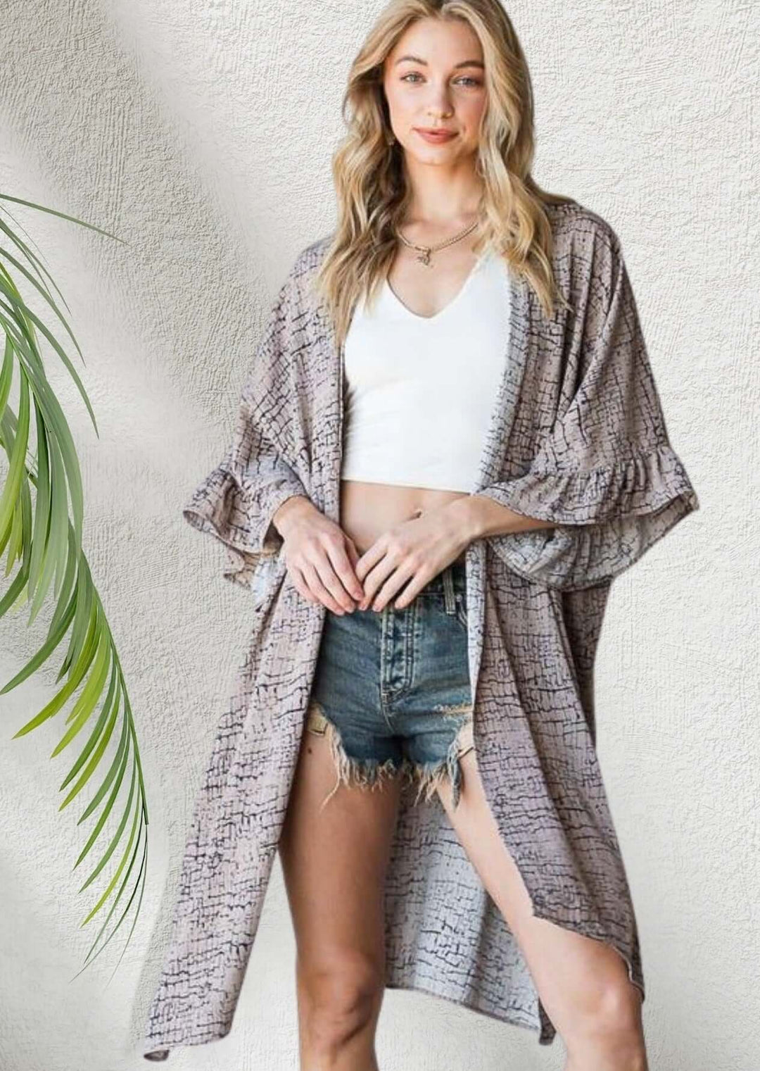 Made in USA Women's Taupe & Navy Versatile Kimono Cardigan with Ruffled Sleeves and Optional Tie Front | Classy Cozy Cool Women's Made in America Boutique