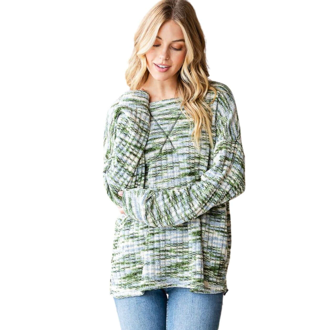 Super Soft Two Tone Teddy Bear Sweater Relaxed Oversized Fit in green, blue & off white | Made in USA | Classy Cozy Cool American Made Boutique