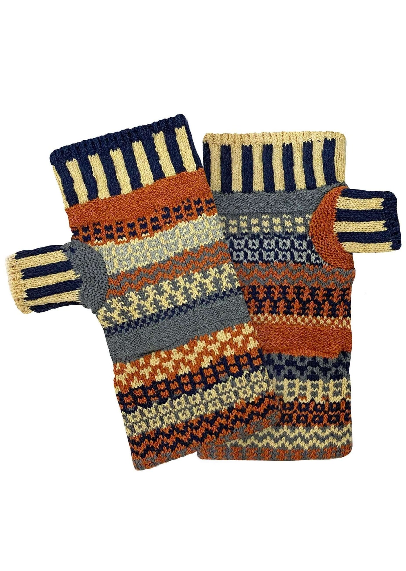 Solmate NUTMEG Knitted Fingerless Mittens with Colors creamy yellow, rustic orange, navy, blue-gray, periwinkle | Made in USA | Classy Cozy Cool Women's Made in America Clothing Boutique