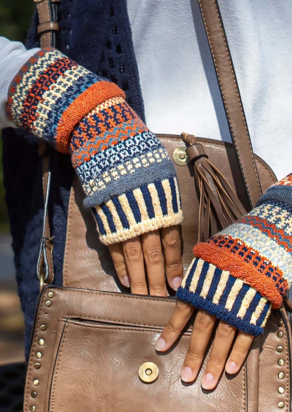 Solmate NUTMEG Knitted Fingerless Mittens with Colors creamy yellow, rustic orange, navy, blue-gray, periwinkle | Made in USA | Classy Cozy Cool Women's Made in America Clothing Boutique